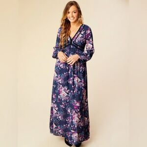 Altar’d State Boho Maxi Dress Med Floral Navy Velvet Trim Empire Waist Flowy New